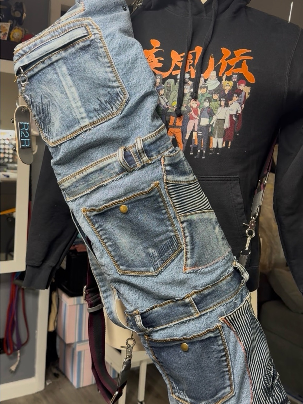 R2R Distressed Upcycled  Jean skateboard custom bag